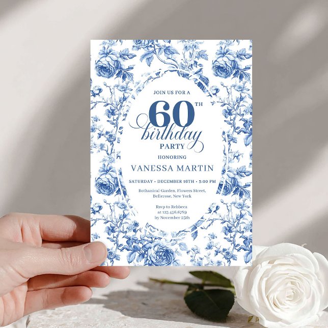 Convite Elegant French Toile Blue Roses 60th Birthday   (Elegant French Toile Blue Roses 60th Birthday Invite)