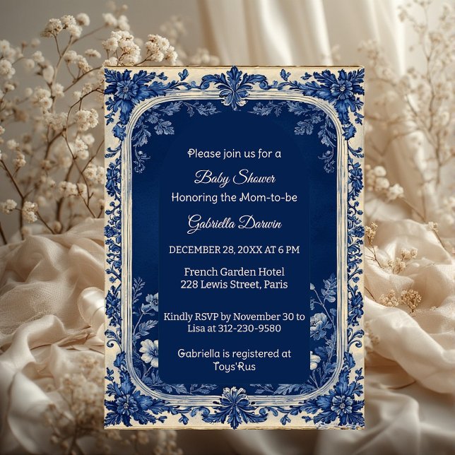 Convite Elegant French Toile Parisian Poetic Baby Shower  (Elegant French Toile Parisian Poetic Baby Shower Invitation)