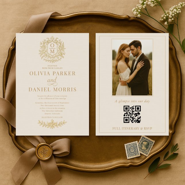 Convite Elegant French Victorian Photo QR Code Wedding (Criador carregado)