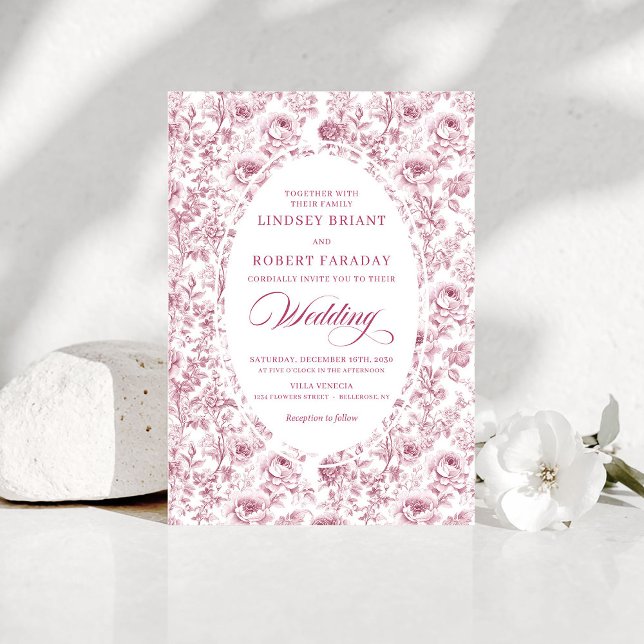 Convite Elegant Fuchsia Dusty Pink Toile Roses Wedding   (Elegant Fuchsia Dusty Pink Toile Roses Wedding Invitation

)