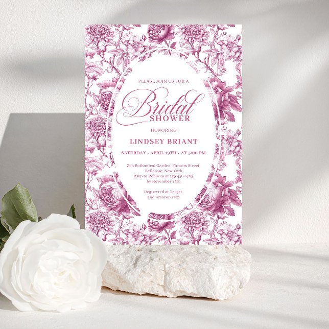 Convite Elegant Fuchsia Pink Roses Pattern Bridal Shower  (Elegant Fuchsia Pink Roses Pattern Bridal Shower Invite)