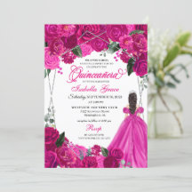Elegant Fuchsia Pink Silver Floral Quinceanera Inv