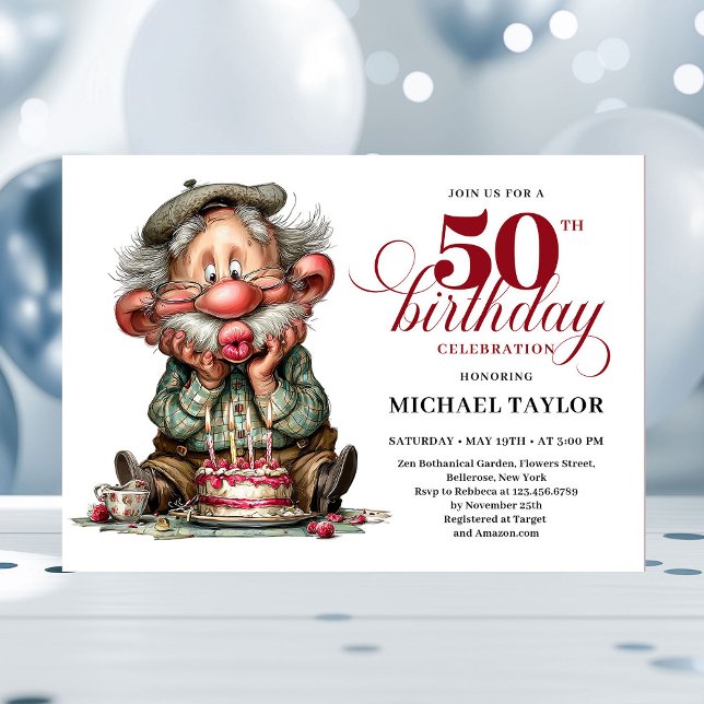 Convite Elegant Funny Man 50th Birthday Humor Cartoon  (funny man 50th birthday, 
trendy colors burgundy red, 
party invitation,
whimsical humor,
quirky, 
p)