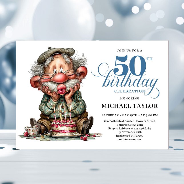 Convite Elegant Funny Man 50th Birthday Humor Cartoon  (Funny Bold Man Turning 50 Quirky Birthday Invite)