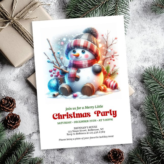 Convite Elegant funny snowman holiday invite red green  (Elegant funny snowman holiday invite red green gold digital

)