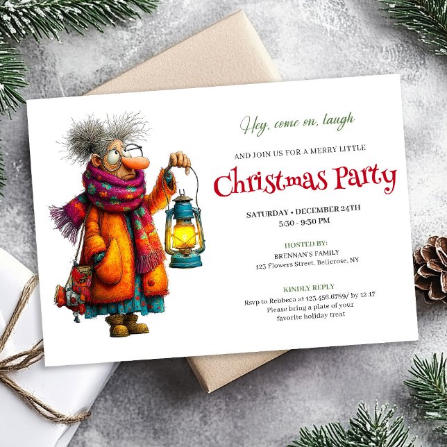 Convite Elegant Funny Woman Comic Christmas Editable  (Festive Funny Woman Editable Christmas Invite Digital)