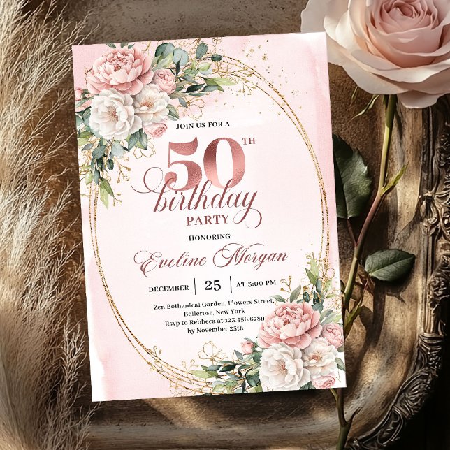 Convite Elegant Garden Blush 50th Birthday Invitation (Elegant Garden Blush 50th Birthday Invitation)