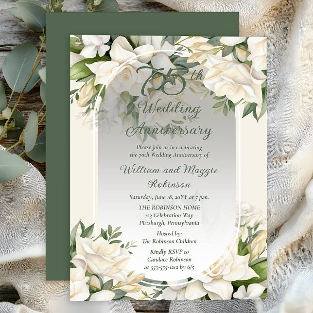 Convite Elegant Gardenia Floral 75th Wedding Anniversary (Elegant Gardenia Floral 75th Wedding Anniversary Invitation - Print | Digital Download)
