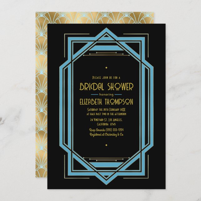 Convite Elegant Gatsby Art Deco Blue & Gold Bridal Shower (Frente/Verso)