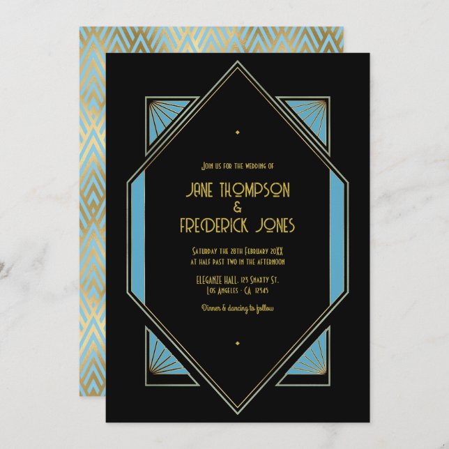 Convite Elegant Gatsby Art Deco Blue & Gold Wedding Photo (Frente/Verso)