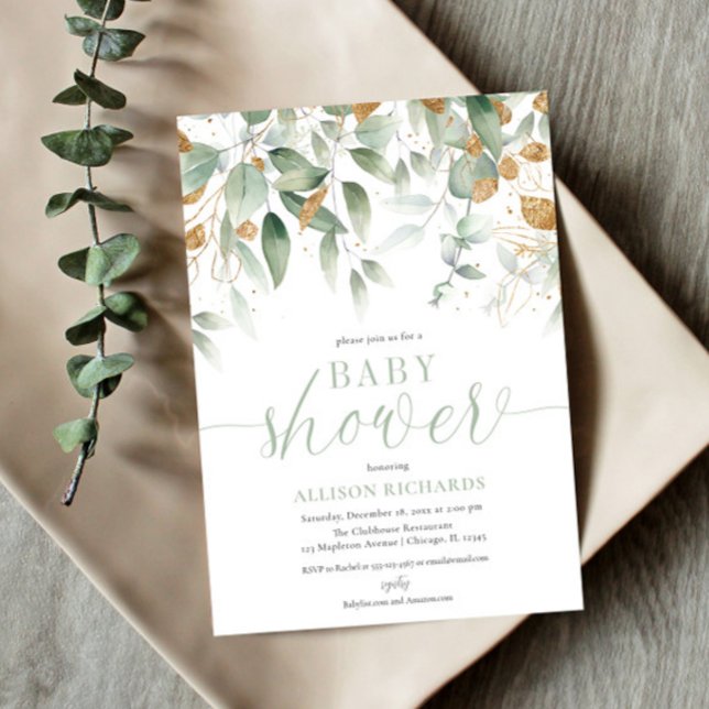 Convite Elegant gender neutral greenery gold baby shower (Criador carregado)