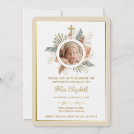 Convite Elegant Girl Baptism Greenery Cross Photo  Invitat