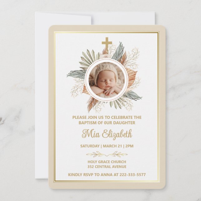 Convite Elegant Girl Baptism Greenery Cross Photo  Invitat (Frente)