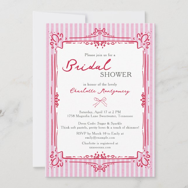 Convite Elegant Glam Frame & Pink Stripes Bridal Shower (Frente)