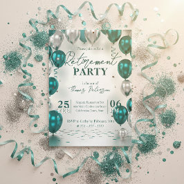 Convite Elegant Glam Teal Silver Balloons Retirement Party