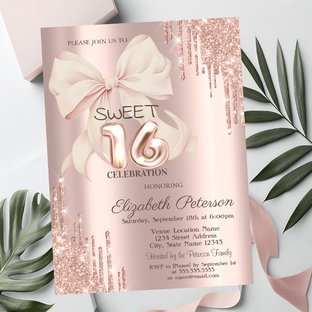 Convite Elegant Glitter Drips Pink Bow Rose Gold Sweet 16  (Criador carregado)