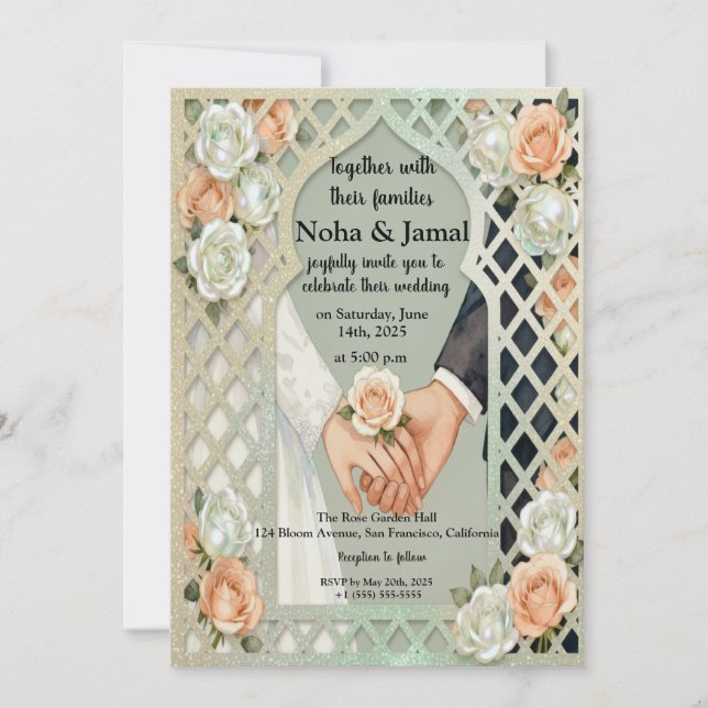 Convite Elegant Glitter Roses Arch Romantic Couple Hands (Frente)