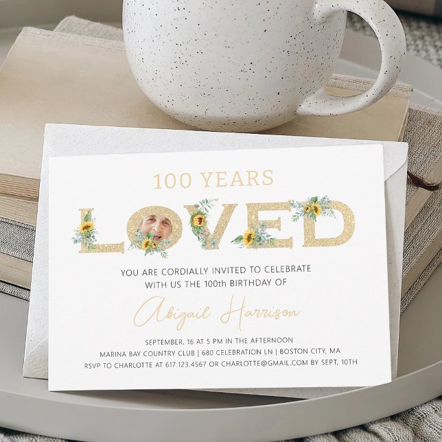 Convite Elegant Gold 100 Years Loved Photo Birthday Party (Elegant Gold 100 Years Loved Photo Birthday Party Invitation)