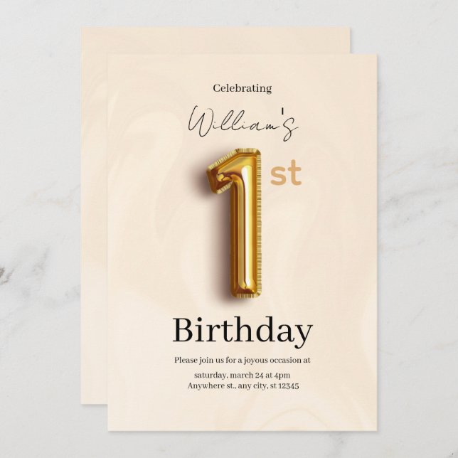 Convite Elegant Gold 1st Birthday Invite, Minimalist Boy  (Frente/Verso)