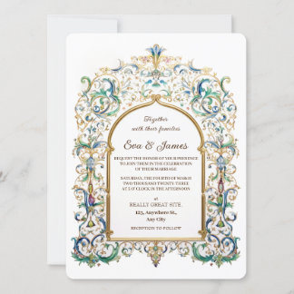 Convite Elegant Gold and Blue Wedding Vintage Flourishes