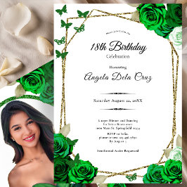 Convite Elegant Gold and Green Rose 18th Birthday Debut 