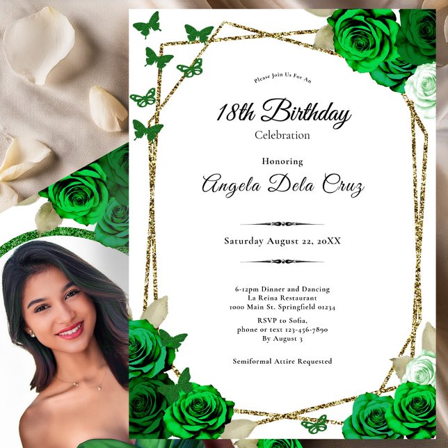 Convite Elegant Gold and Green Rose 18th Birthday Debut  (Criador carregado)