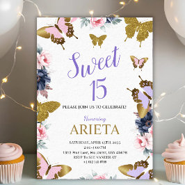 Convite Elegant gold and pink butterfly birthday invitatio