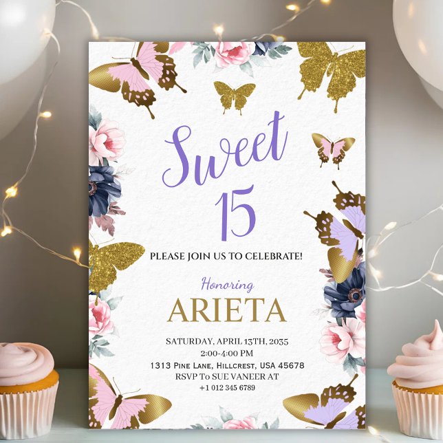 Convite Elegant gold and pink butterfly birthday invitatio (Criador carregado)