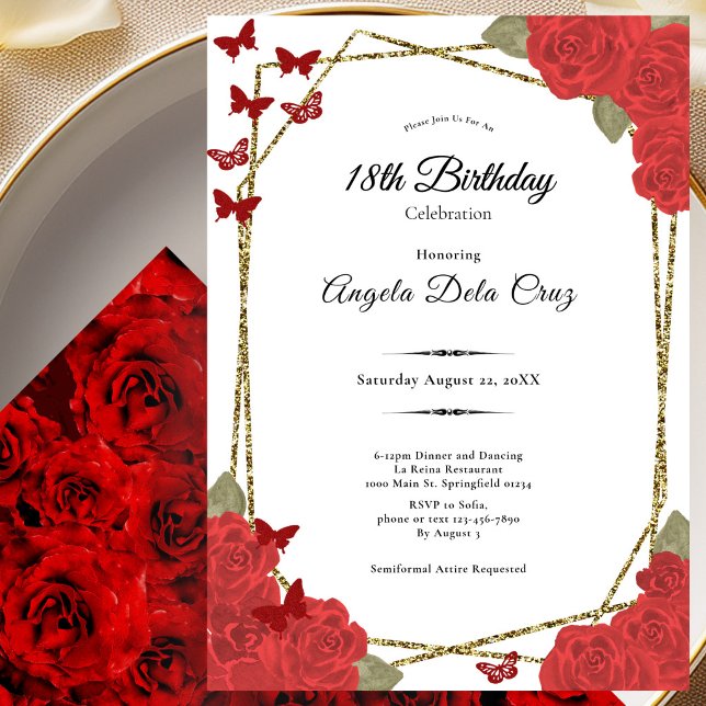 Convite Elegant Gold and Red Roses 18th Birthday Debut (Criador carregado)