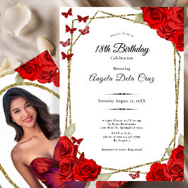 Convite Elegant Gold and Red Roses 18th Birthday Debut