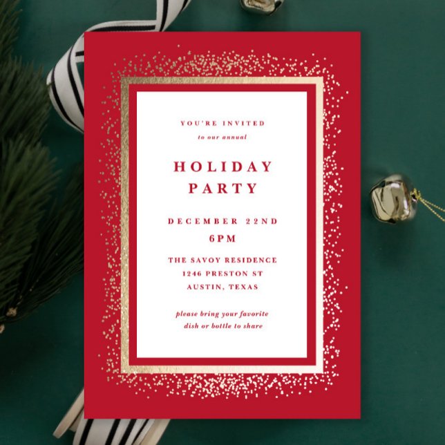Convite Elegant Gold and Red Sparkle Holiday Party (Elegant red and gold sparkle traditional holiday party invitations.)