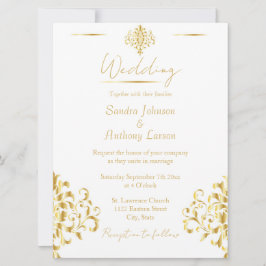 Convite Elegant Gold and White Damask Wedding Invitation