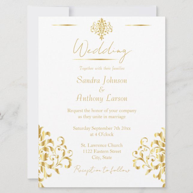Convite Elegant Gold and White Damask Wedding Invitation (Frente)