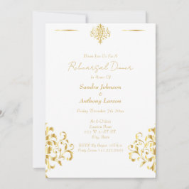 Convite Elegant Gold and White Damask Wedding Rehearsal