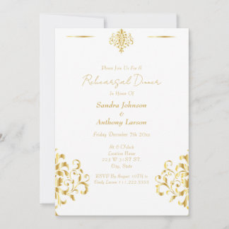 Convite Elegant Gold and White Damask Wedding Rehearsal