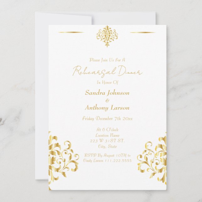 Convite Elegant Gold and White Damask Wedding Rehearsal (Frente)
