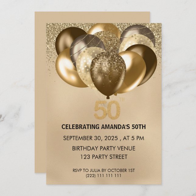 Convite Elegant Gold Balloons 50th Birthday Invitation (Frente/Verso)