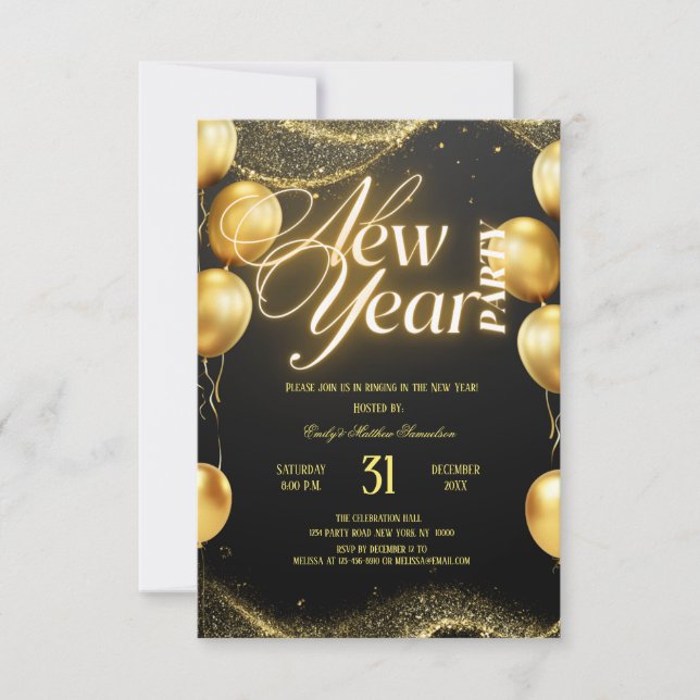 Convite Elegant Gold Balloons New Year Party (Frente)