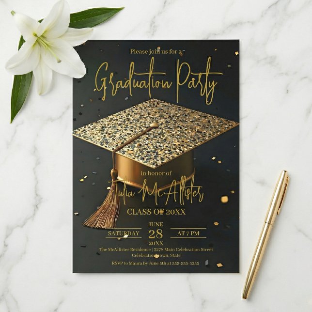Convite Elegant Gold Black Faux Glitter Cap Graduation (Criador carregado)