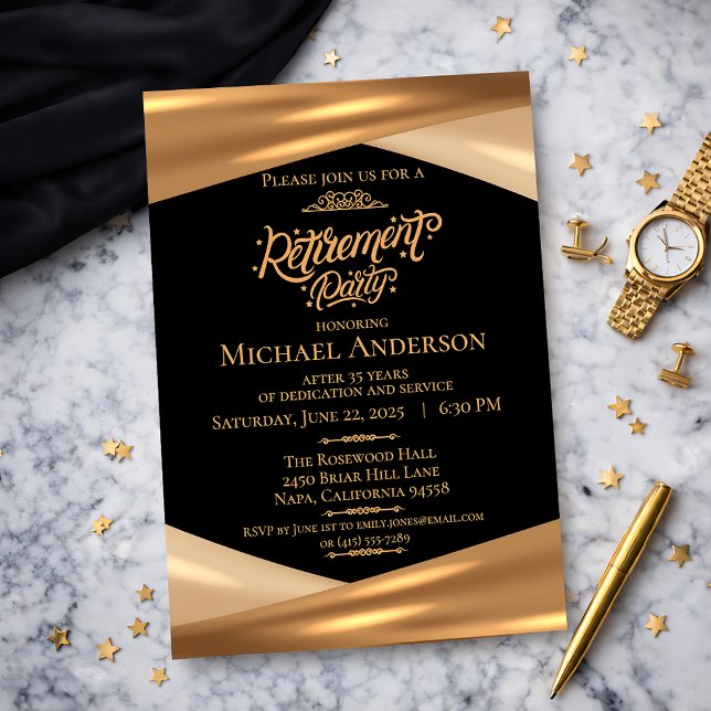 Convite Elegant Gold Black Retirement Party  (Elegant Gold Black Retirement Party Invitation)