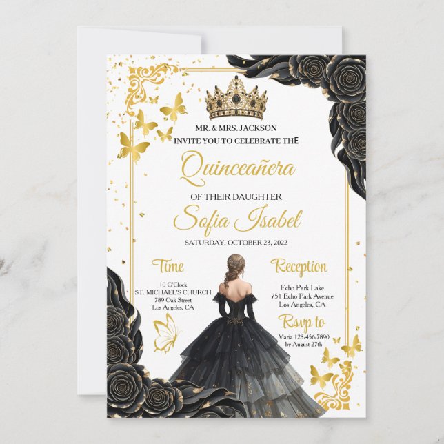 Convite Elegant Gold Black Royal Quinceañera Invite (Frente)