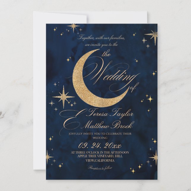 Convite Elegant Gold & Blue Celestial Wedding  (Frente)
