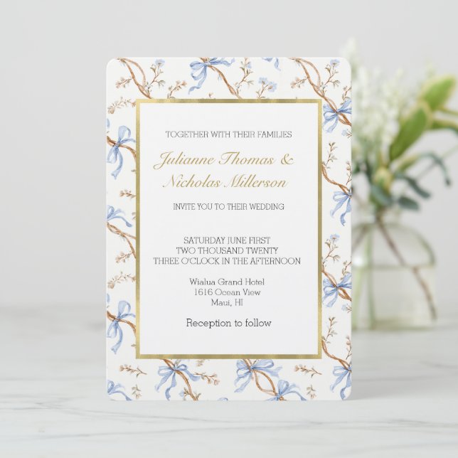 Convite Elegant Gold Blue Ribbons Wedding (Em pé/Frente)