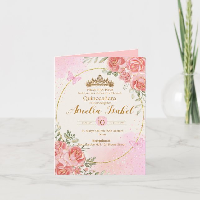 Convite Elegant Gold & Blush Quinceañera Invitation (Frente)