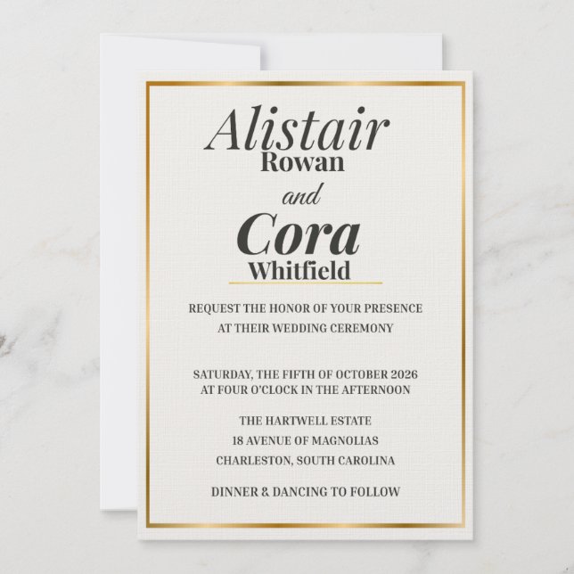 Convite Elegant Gold Border Wedding Invitation | Modern Mi (Frente)