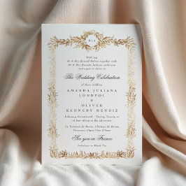 Convite elegant gold botanical frame monogram wedding