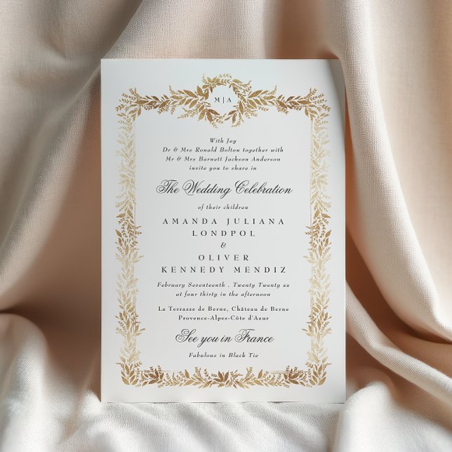 Convite elegant gold botanical frame monogram wedding (Criador carregado)