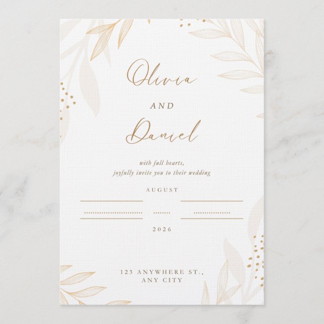 Convite Elegant Gold Botanical Wedding Invitation | Editab (Frente)