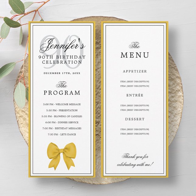Convite Elegant Gold Bow 90th Birthday Program + Menu  (Elegant Gold Bow 90th Birthday Program + Menu )