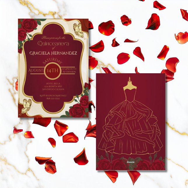 Convite Elegant Gold & Burgundy Quinceañera Invitation (Criador carregado)